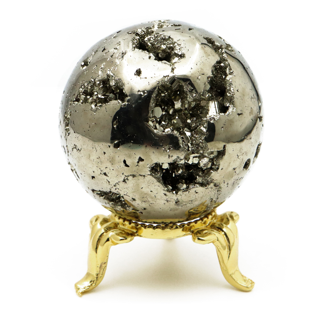 パイライト 丸玉 1点物 ペルー産 台座付き 置き物 天然石 パワーストーン ピカピカ鏡面 黄鉄鉱