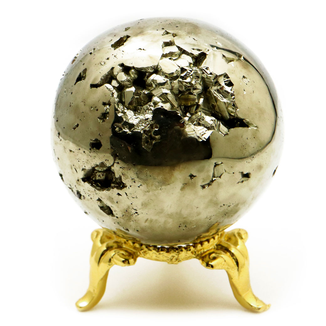 パイライト 丸玉 44mm 1点物 ペルー産 台座付き 置き物 天然石 パワーストーン ピカピカ鏡面 黄鉄鉱 