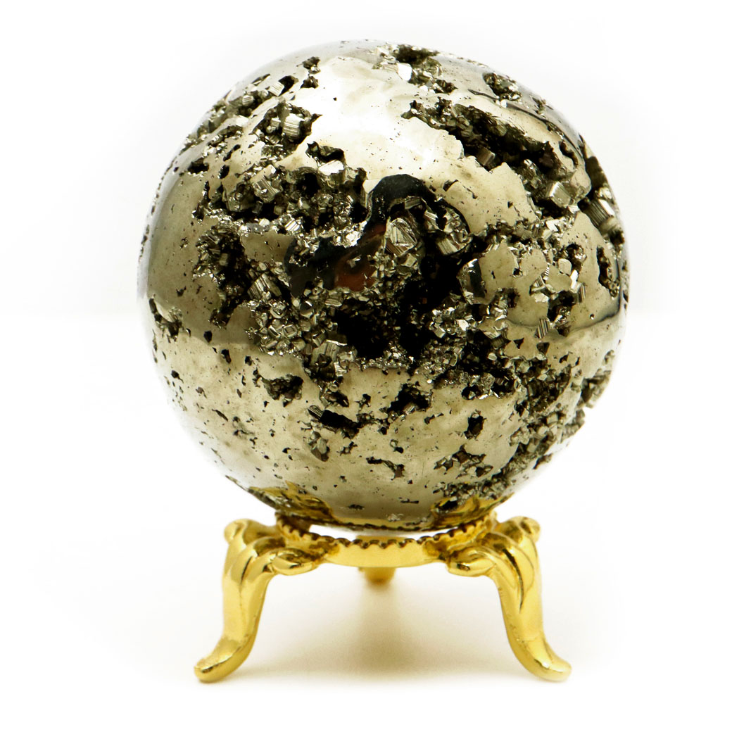 パイライト 丸玉 47mm 1点物 ペルー産 台座付き 置き物 天然石 パワーストーン ピカピカ鏡面 黄鉄鉱 