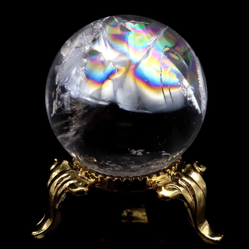 アイリスクォーツ 丸玉 水晶 虹入り AA 天然 台座付き レインボー パワーストーン 天然石 1点もの 置き物 玉 球 本物 風水