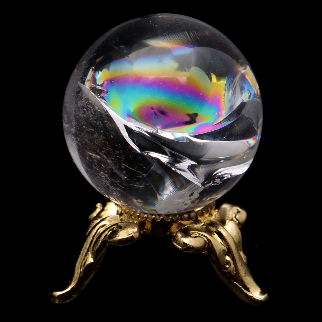 アイリスクォーツ 丸玉 水晶 虹入り AA 天然 台座付き レインボー パワーストーン 天然石