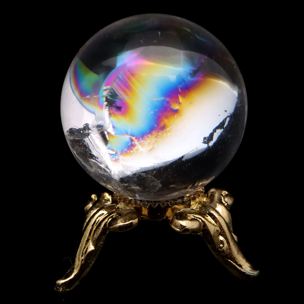 アイリスクォーツ 丸玉 水晶 虹入り AA 天然 台座付き レインボー パワーストーン 天然石