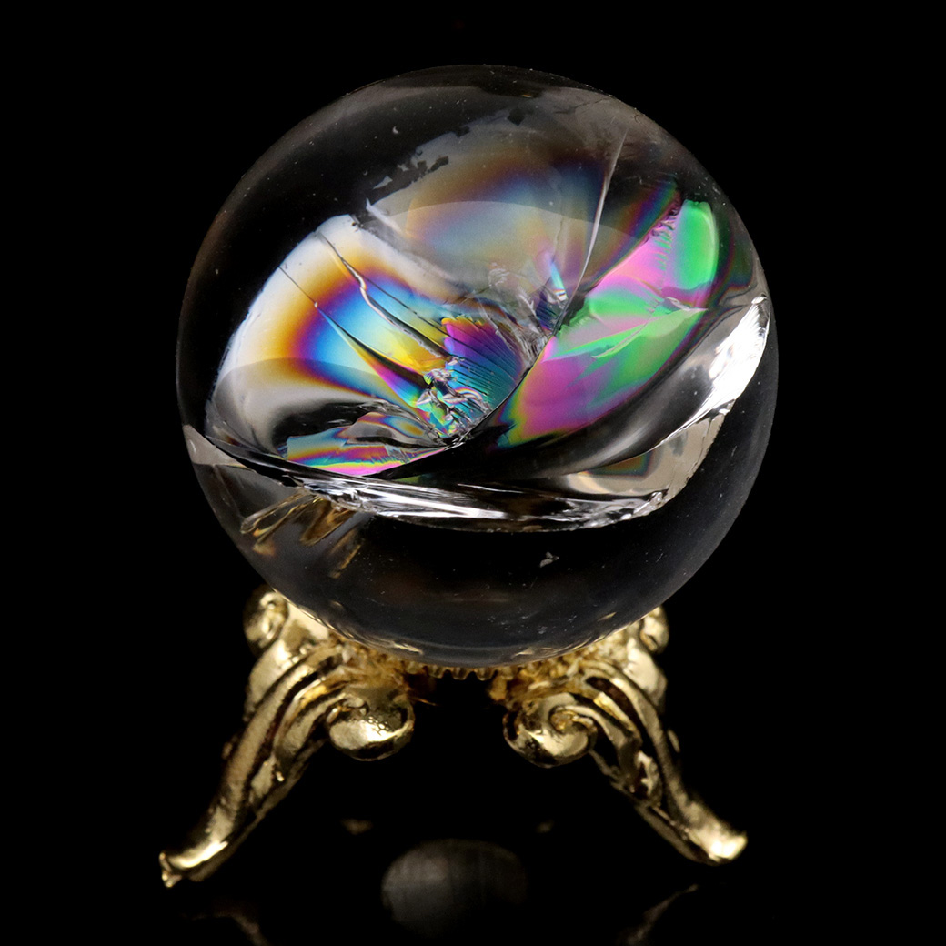 アイリスクォーツ 丸玉 水晶 虹入り 天然 台座付き レインボー パワーストーン 天然石