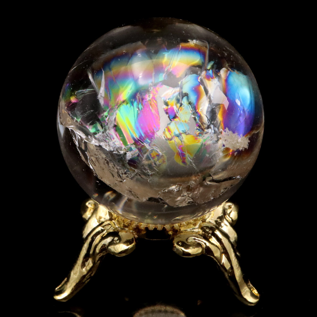 アイリスクォーツ 丸玉 水晶 虹入り 天然 台座付き レインボー パワーストーン 天然石