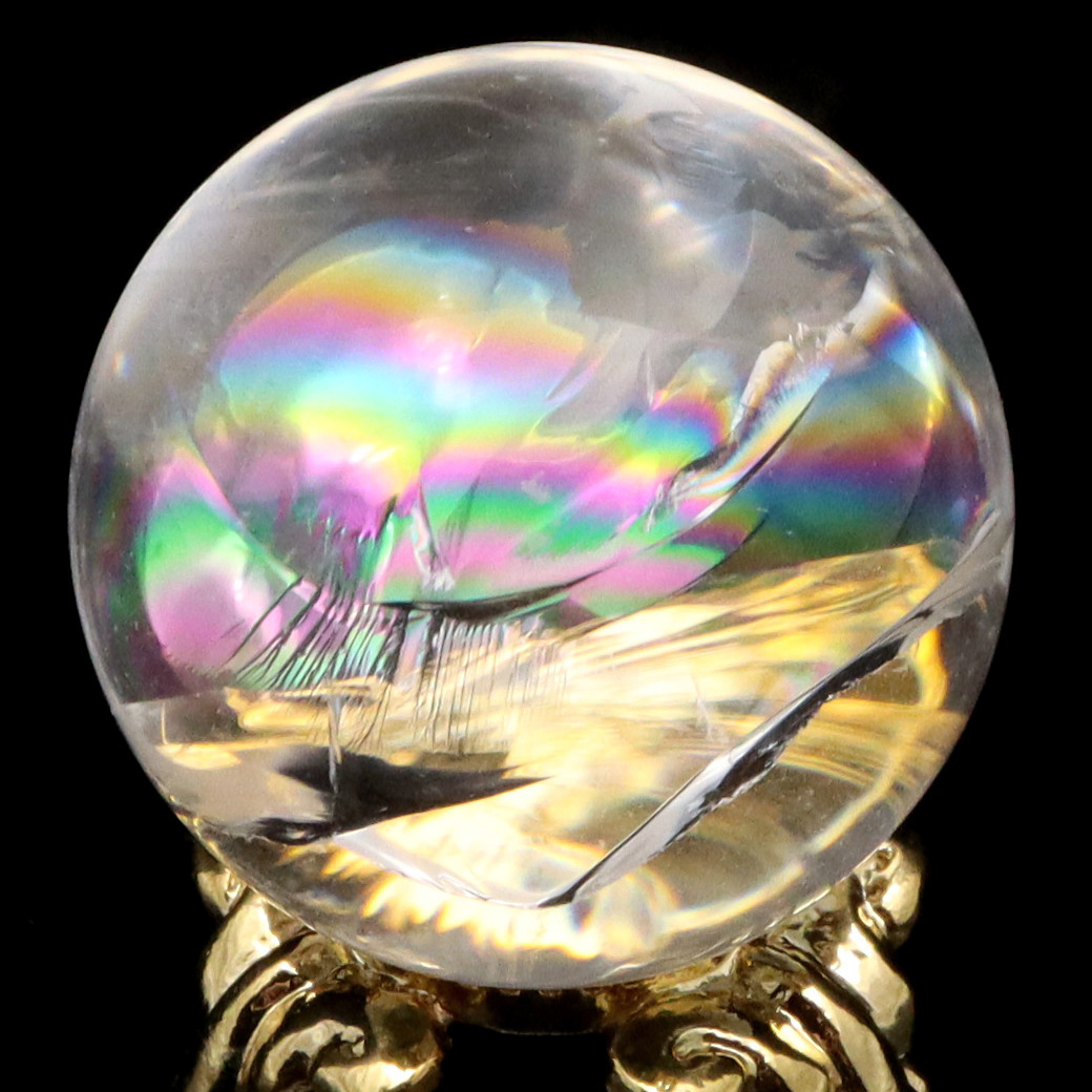 アイリスクォーツ 丸玉 水晶 虹入り 天然 台座付き レインボー パワーストーン 天然石