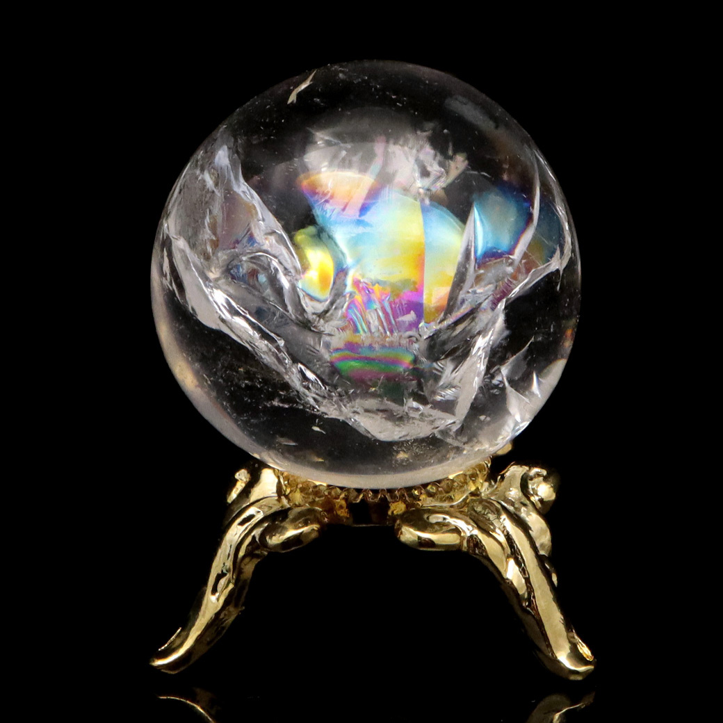 アイリスクォーツ 丸玉 水晶 虹入り 天然 台座付き レインボー パワーストーン 天然石