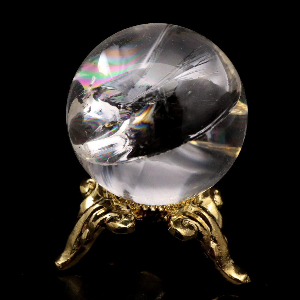 アイリスクォーツ 丸玉 水晶 虹入り 天然 台座付き レインボー パワーストーン 天然石