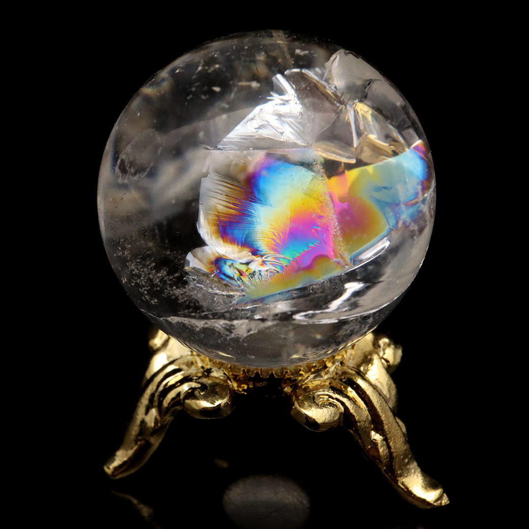 アイリスクォーツ 丸玉 水晶 虹入り 天然 台座付き レインボー パワーストーン 天然石