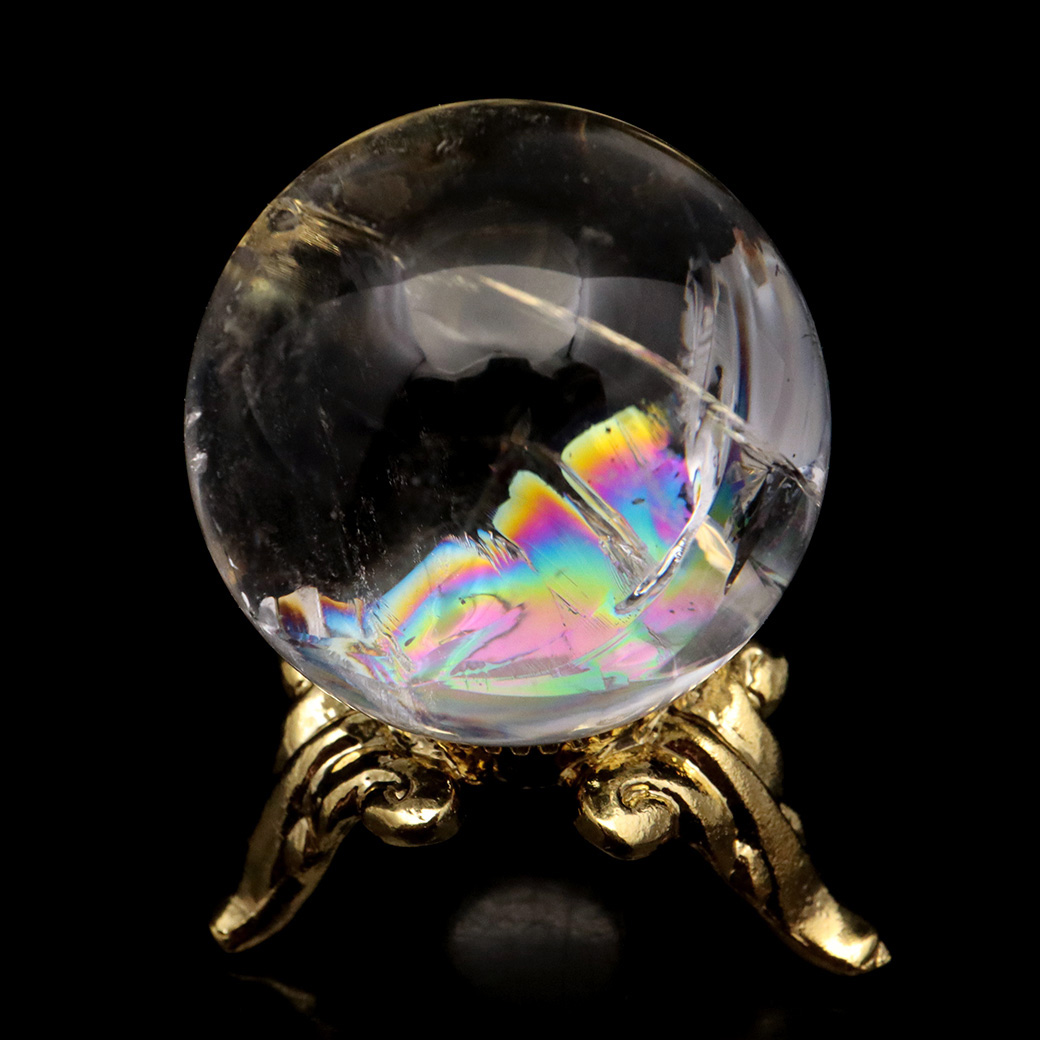 アイリスクォーツ 丸玉 水晶 虹入り 天然 台座付き レインボー パワーストーン 天然石