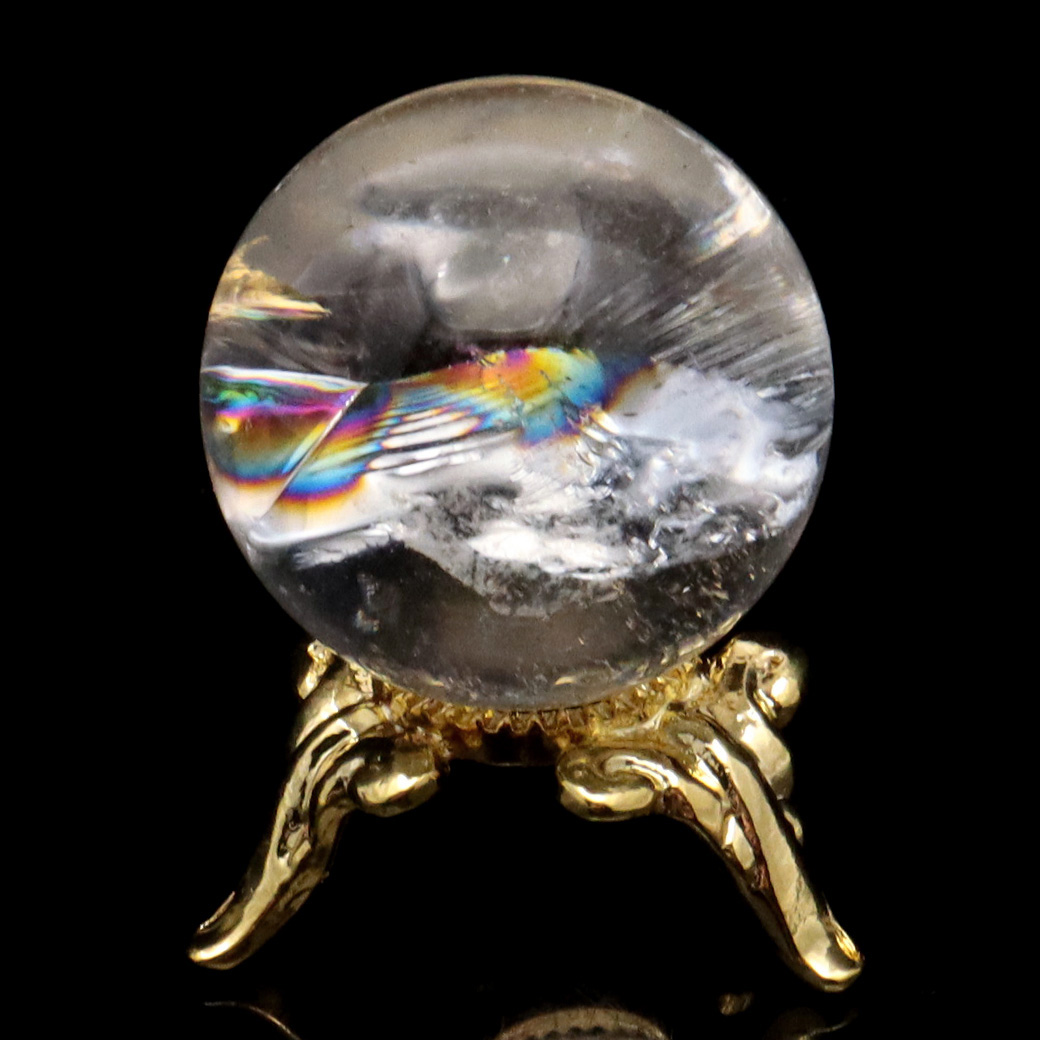 アイリスクォーツ 丸玉 水晶 虹入り 天然 台座付き レインボー パワーストーン 天然石