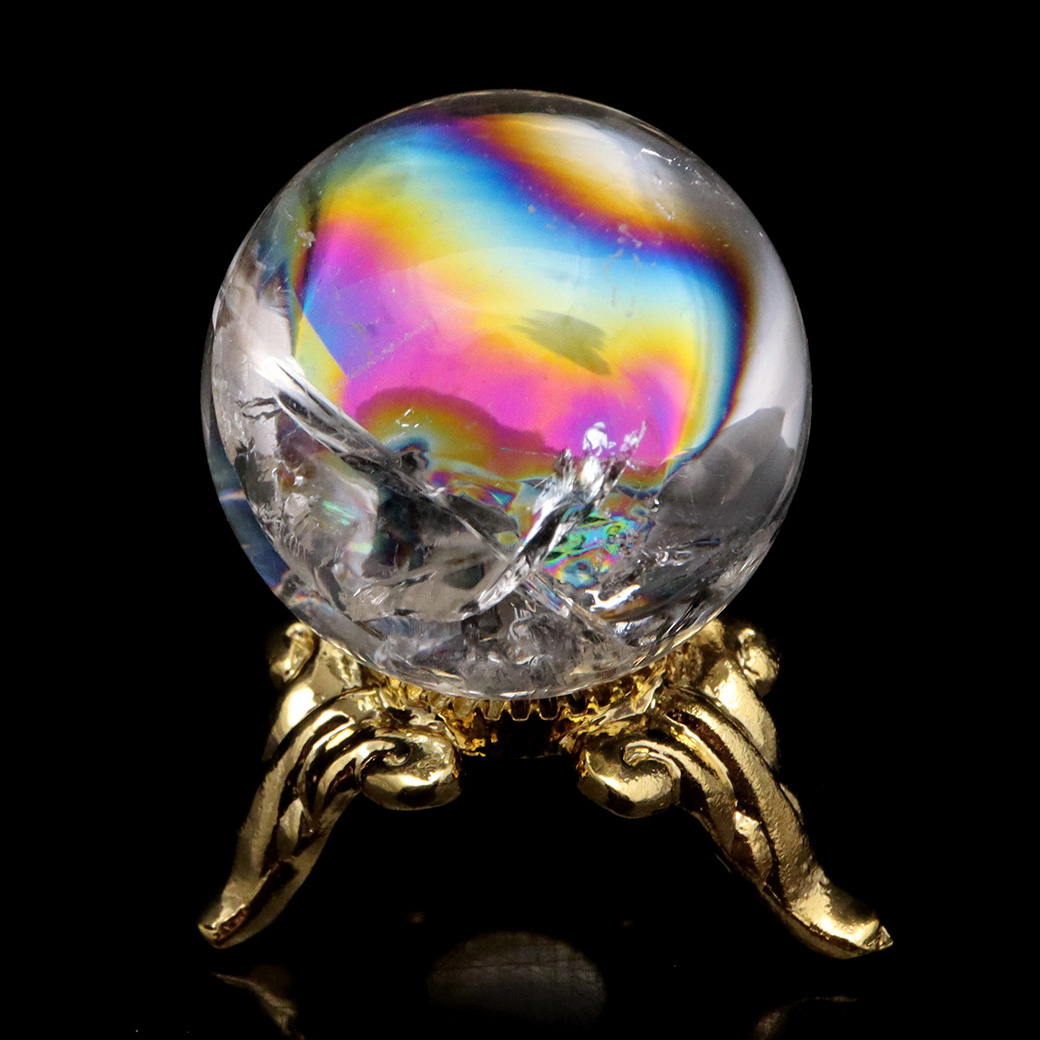 アイリスクォーツ 丸玉 水晶 虹入り 天然 台座付き レインボー パワーストーン 天然石