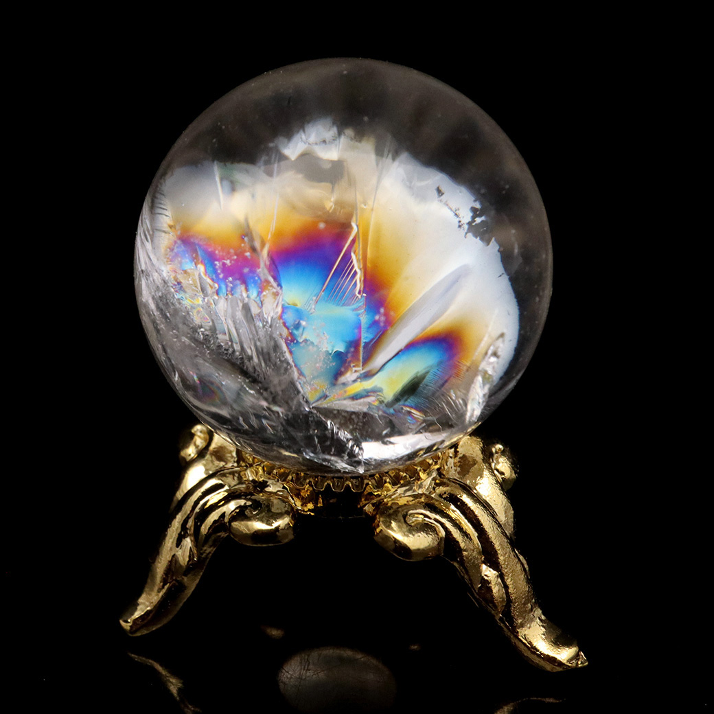 アイリスクォーツ 丸玉 水晶 虹入り 天然 台座付き レインボー パワーストーン 天然石