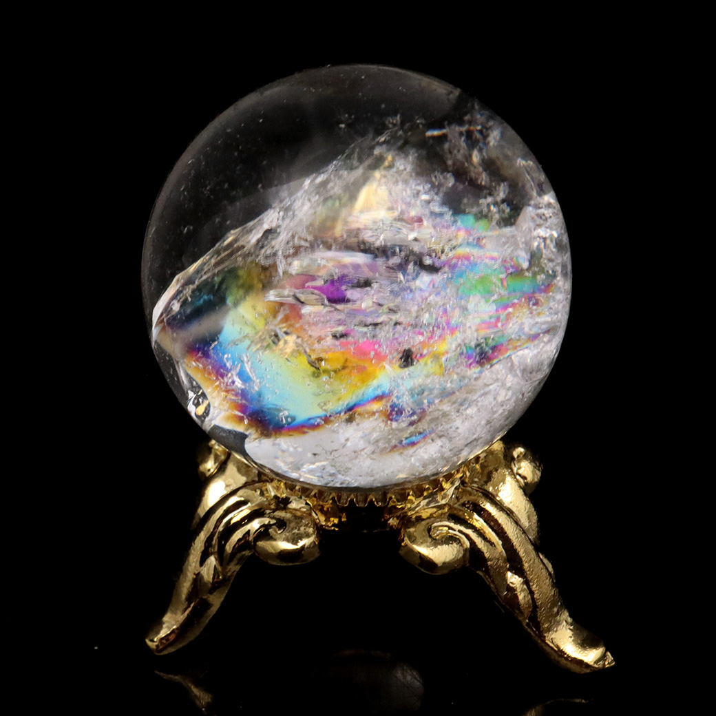 アイリスクォーツ 丸玉 水晶 虹入り 天然 台座付き レインボー パワーストーン 天然石