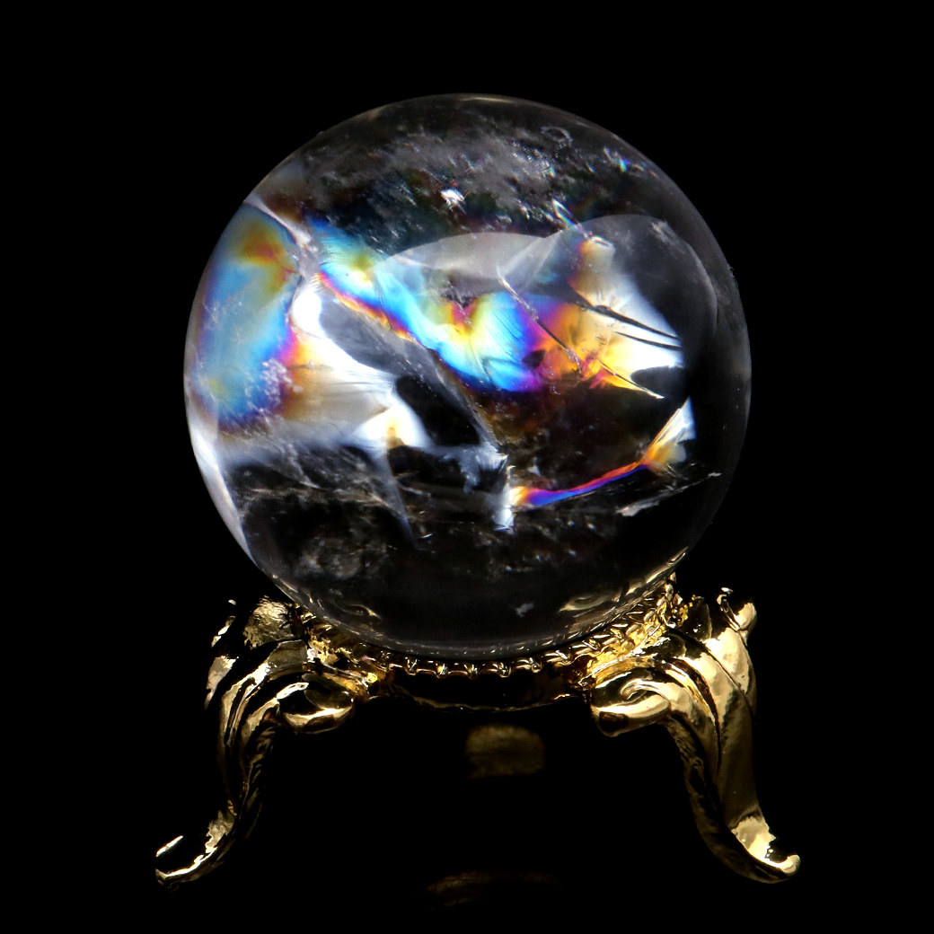 アイリスクォーツ 丸玉 水晶 虹入り AA 天然台座付き レインボー パワーストーン 天然石 1点もの 置き物 玉 球 本物 風水 グッズ 占い