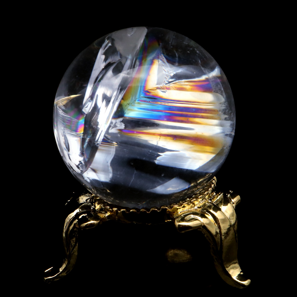 アイリスクォーツ 丸玉 水晶 虹入り AA 天然台座付き レインボー パワーストーン 天然石 1点もの 置き物 玉 球 本物 風水 グッズ 占い