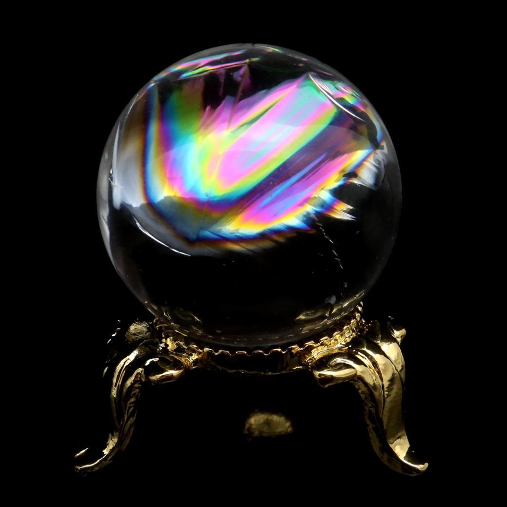 アイリスクォーツ 丸玉 水晶 虹入り AA 天然台座付き レインボー パワーストーン 天然石 1点もの 置き物 玉 球 本物 風水 グッズ 占い