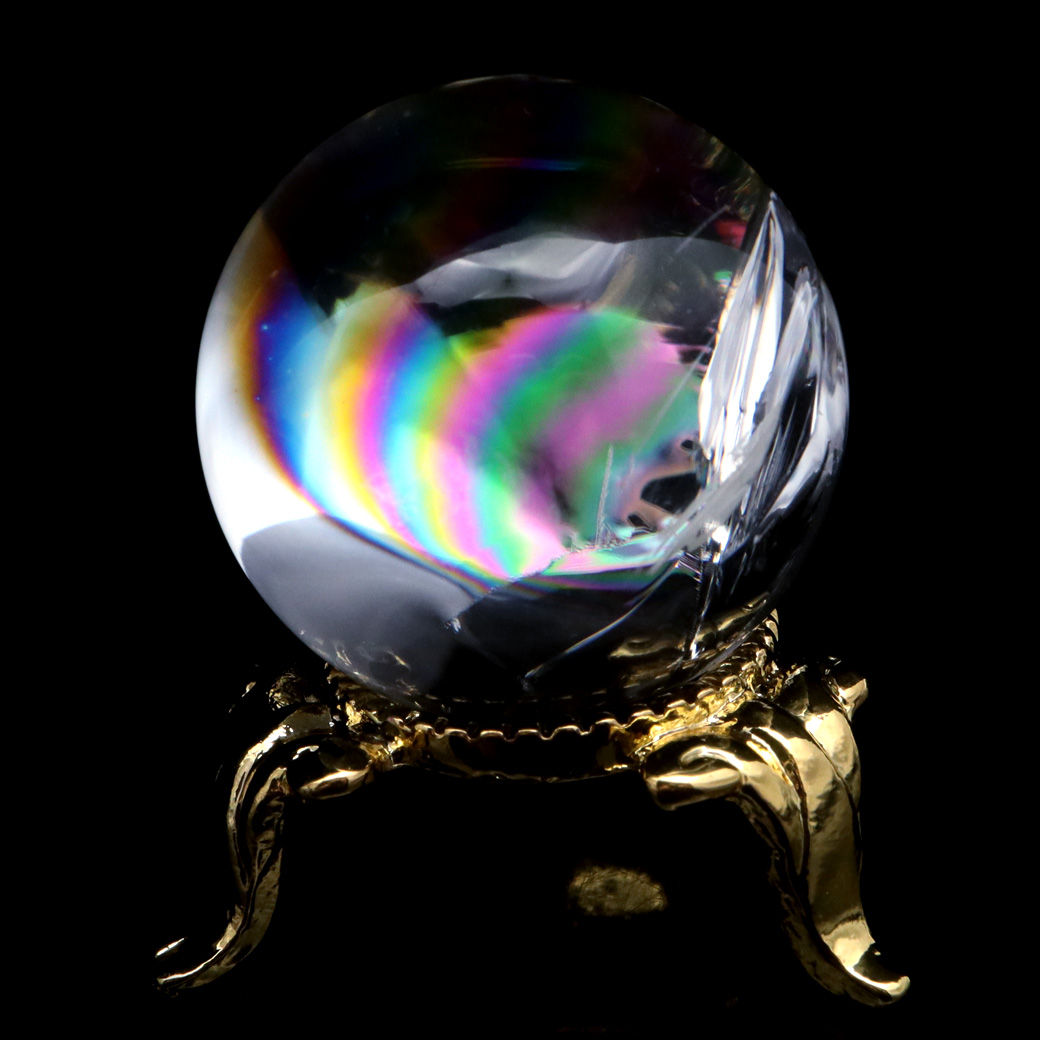 アイリスクォーツ 丸玉 水晶 虹入り AA 天然台座付き レインボー パワーストーン 天然石 1点もの 置き物 玉 球 本物 風水 グッズ 占い