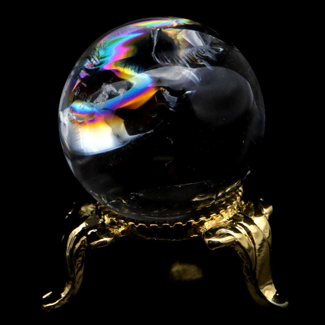 アイリスクォーツ 丸玉 水晶 虹入り AA 天然台座付き レインボー パワーストーン 天然石 1点もの 置き物 玉 球 本物 風水 グッズ 占い