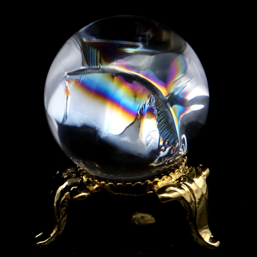 アイリスクォーツ 丸玉 水晶 虹入り AA 天然台座付き レインボー パワーストーン 天然石 1点もの 置き物 玉 球 本物 風水 グッズ 占い