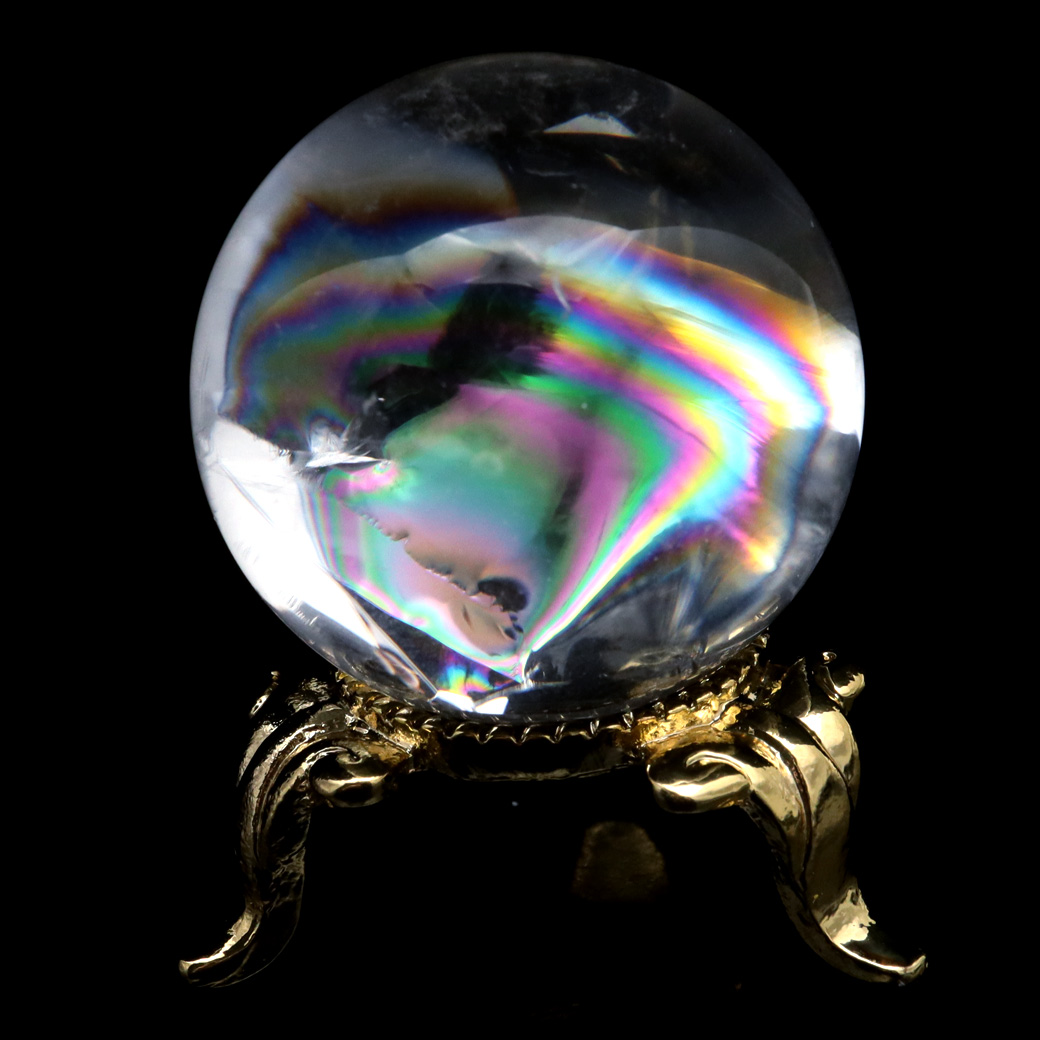 アイリスクォーツ 丸玉 水晶 虹入り AA 天然台座付き レインボー パワーストーン 天然石 1点もの 置き物 玉 球 本物 風水 グッズ 占い