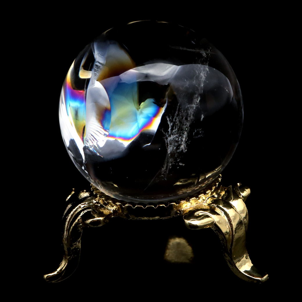 アイリスクォーツ 丸玉 水晶 虹入り AA 天然台座付き レインボー パワーストーン 天然石 1点もの 置き物 玉 球 本物 風水 グッズ 占い