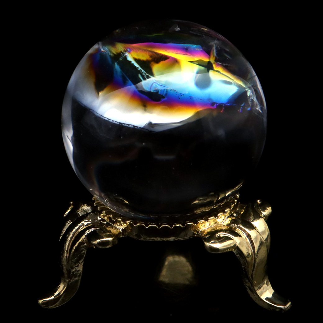 アイリスクォーツ 丸玉 水晶 虹入り AA 天然台座付き レインボー パワーストーン 天然石 1点もの 置き物 玉 球 本物 風水 グッズ 占い
