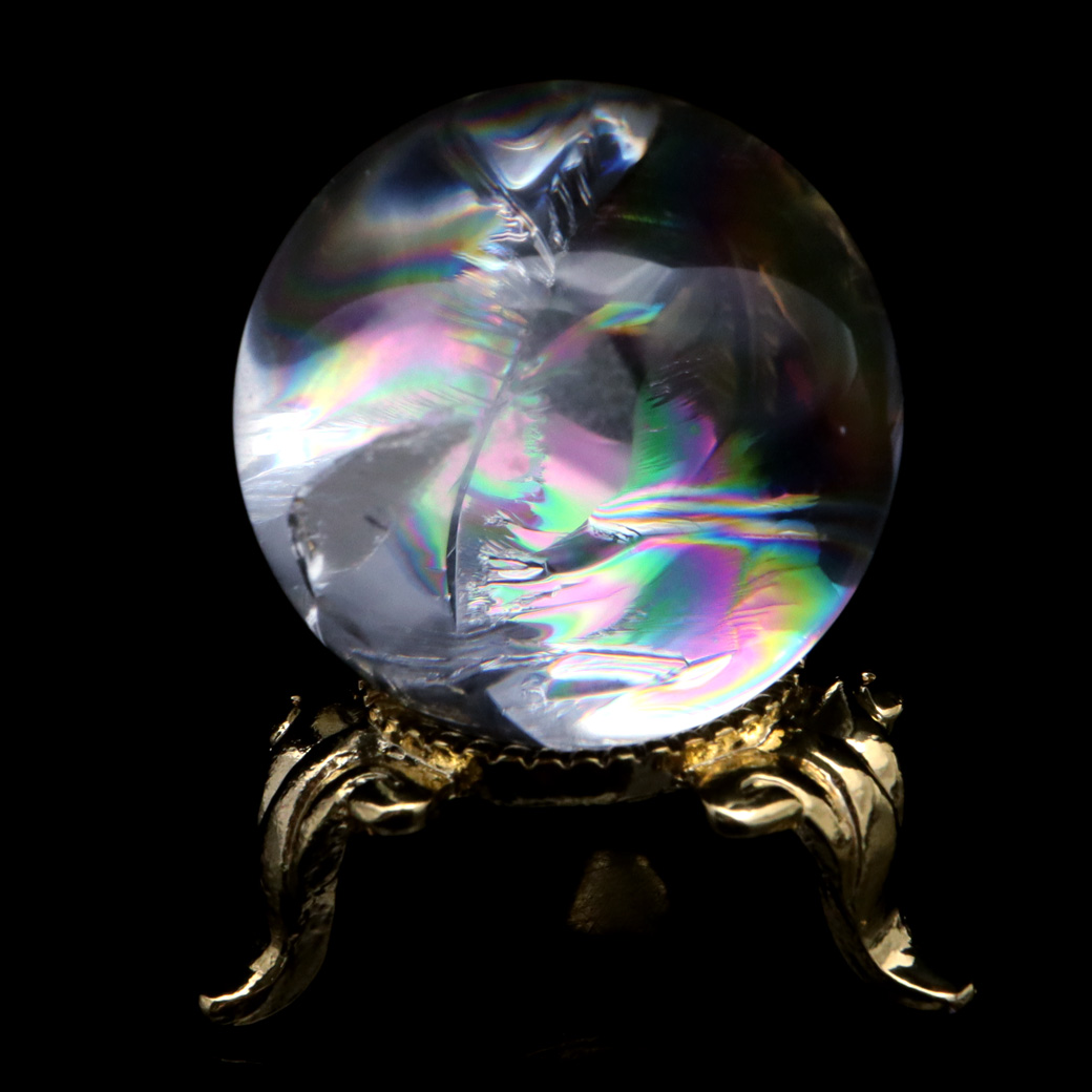 アイリスクォーツ 丸玉 水晶 虹入り AA 天然台座付き レインボー パワーストーン 天然石 1点もの 置き物 玉 球 本物 風水 グッズ 占い