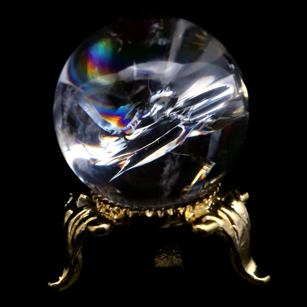 アイリスクォーツ 丸玉 水晶 虹入り AA 天然台座付き レインボー パワーストーン 天然石 1点もの 置き物 玉 球 本物 風水 グッズ 占い