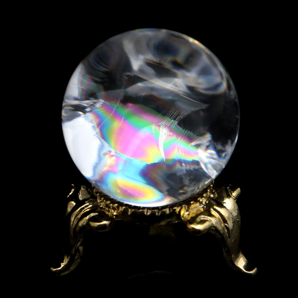 アイリスクォーツ 丸玉 水晶 虹入り AA 天然台座付き レインボー パワーストーン 天然石 1点もの 置き物 玉 球 本物 風水 グッズ 占い