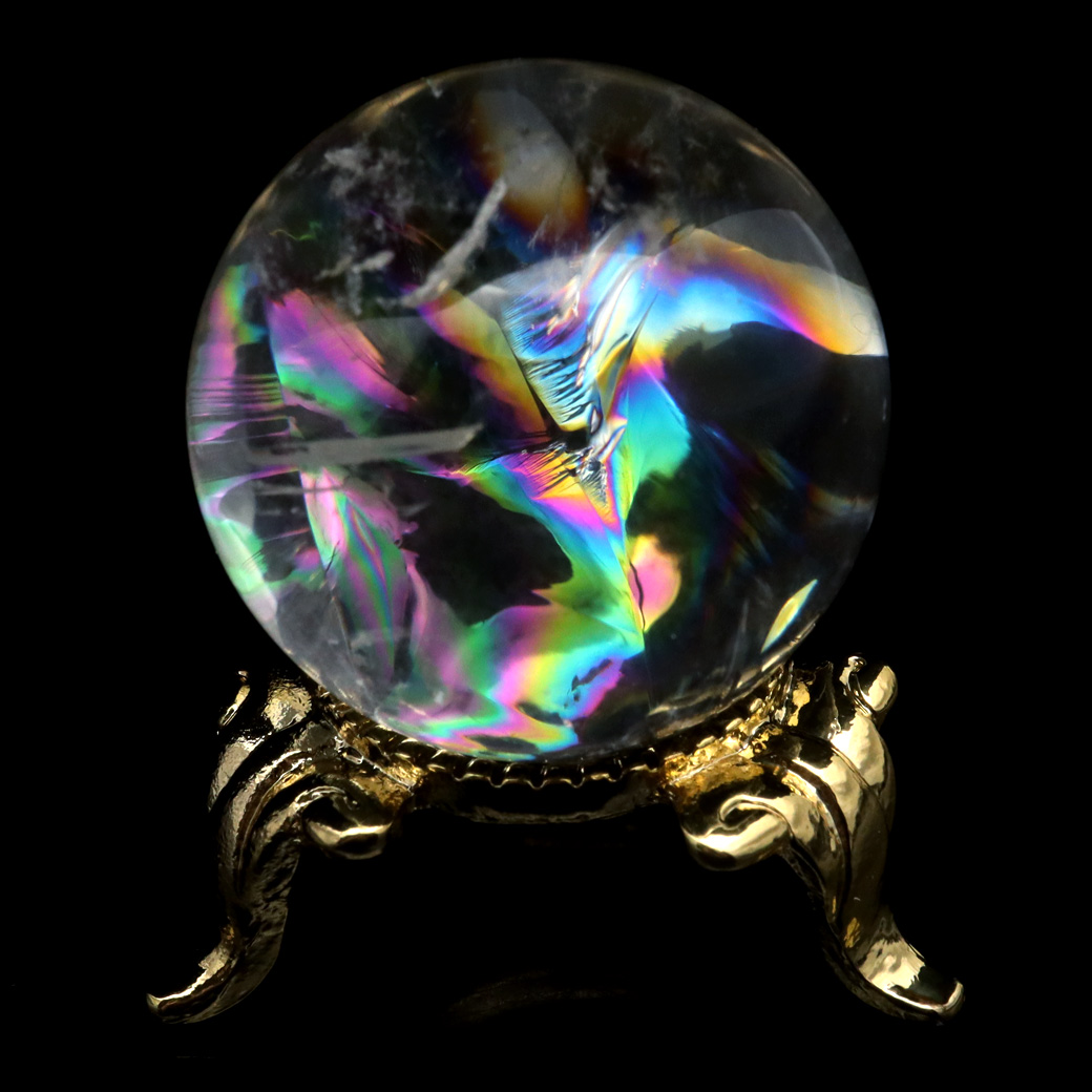 アイリスクォーツ 丸玉 水晶 虹入り AA 天然台座付き レインボー パワーストーン 天然石 1点もの 置き物 玉 球 本物 風水 グッズ 占い