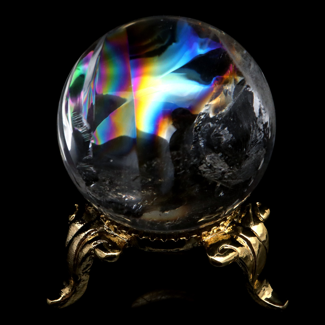 アイリスクォーツ 丸玉 水晶 虹入り AA 天然台座付き レインボー パワーストーン 天然石 1点もの 置き物 玉 球 本物 風水 グッズ 占い