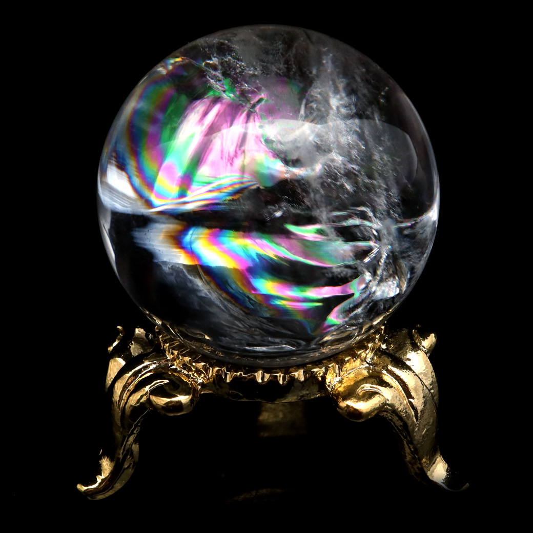 アイリスクォーツ 丸玉 水晶 虹入り AA 天然台座付き レインボー パワーストーン 天然石 1点もの 置き物 玉 球 本物 風水 グッズ 占い