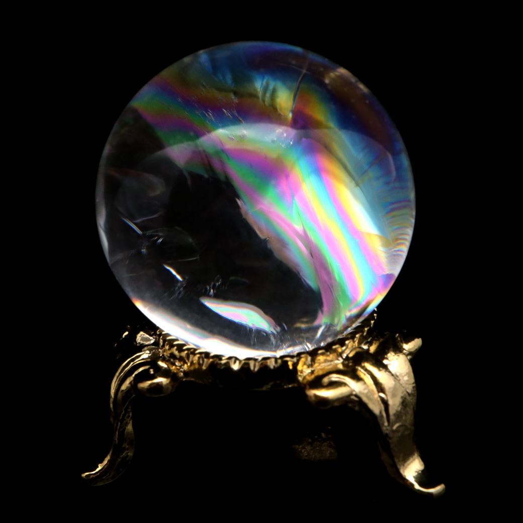 アイリスクォーツ 丸玉 水晶 虹入り AA 天然台座付き レインボー パワーストーン 天然石 1点もの 置き物 玉 球 本物 風水 グッズ 占い