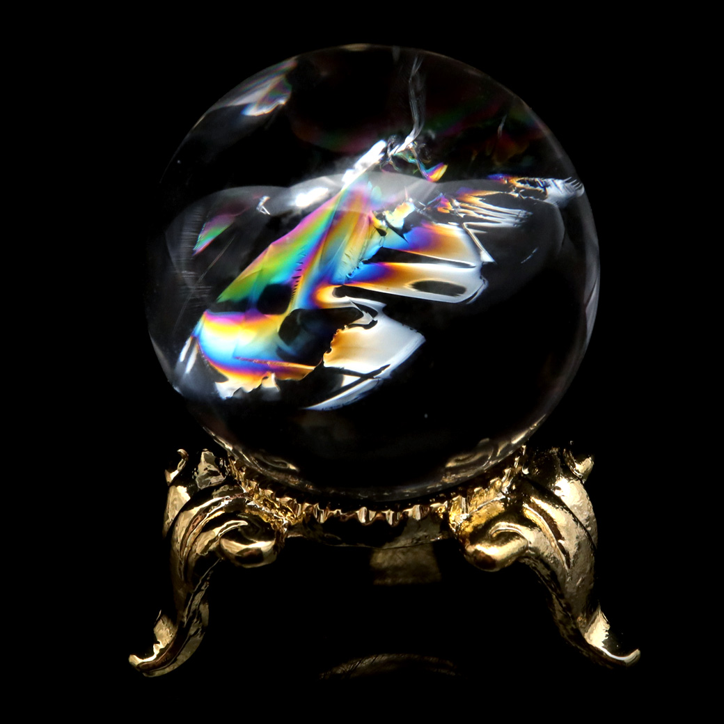 アイリスクォーツ 丸玉 水晶 虹入り AA 天然台座付き レインボー パワーストーン 天然石 1点もの 置き物 玉 球 本物 風水 グッズ 占い