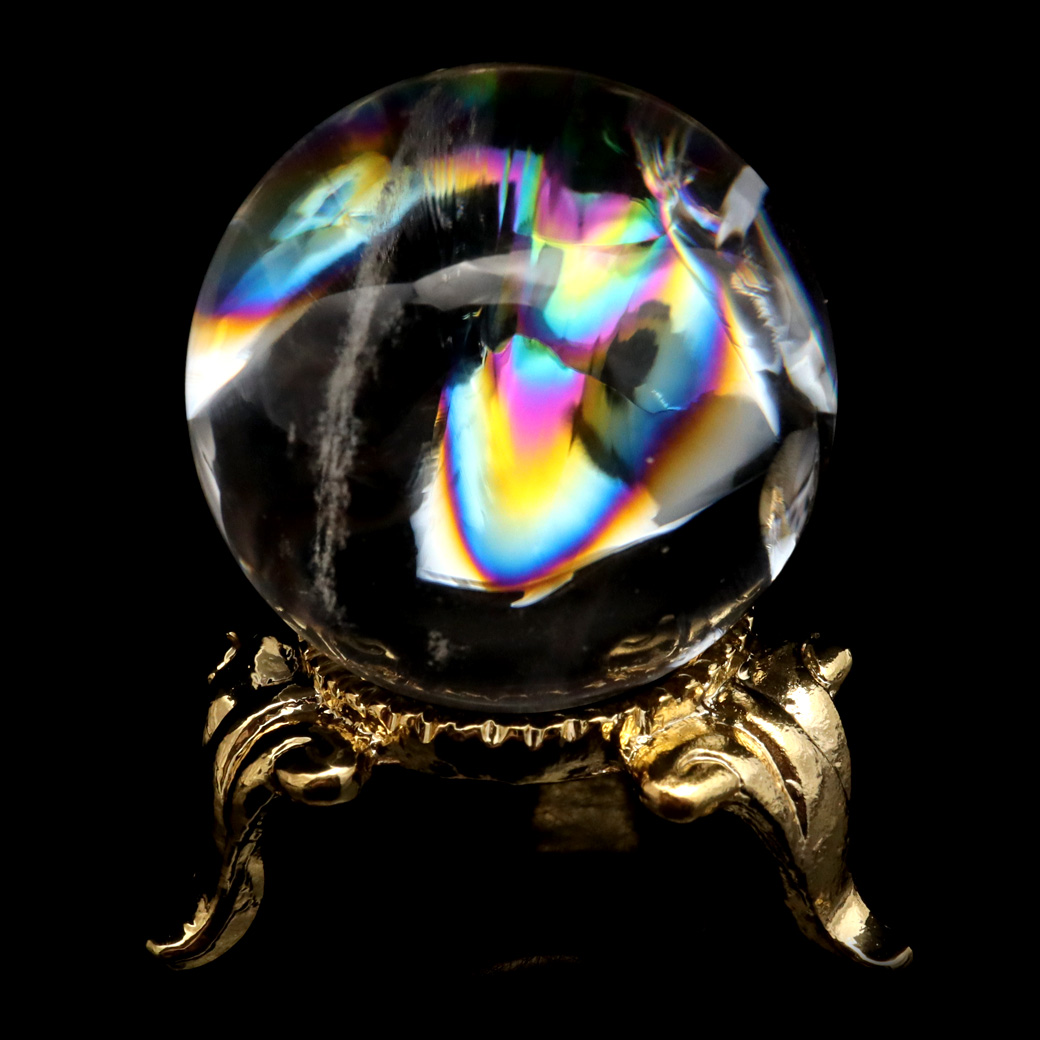 アイリスクォーツ 丸玉 水晶 虹入り AA 天然台座付き レインボー パワーストーン 天然石 1点もの 置き物 玉 球 本物 風水 グッズ 占い