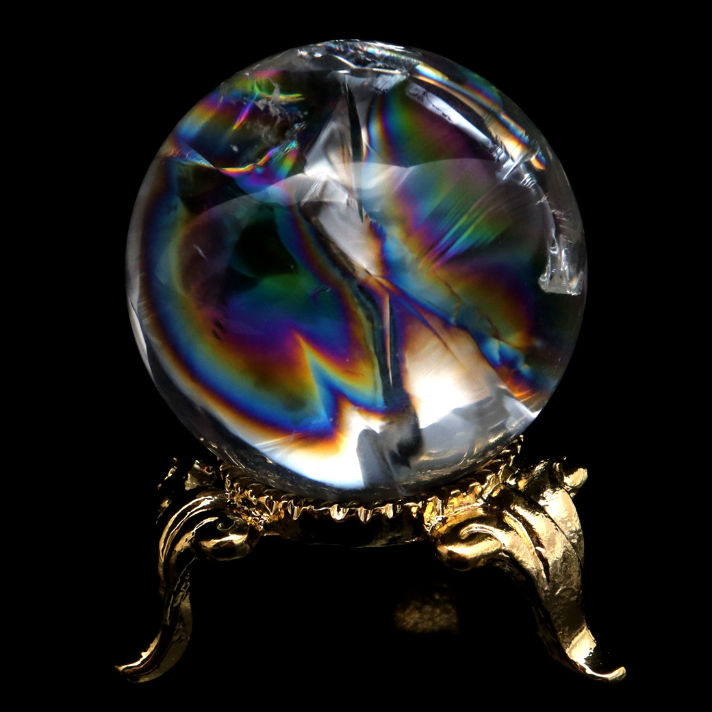 アイリスクォーツ 丸玉 水晶 虹入り AA 天然台座付き レインボー パワーストーン 天然石 1点もの 置き物 玉 球 本物 風水 グッズ 占い