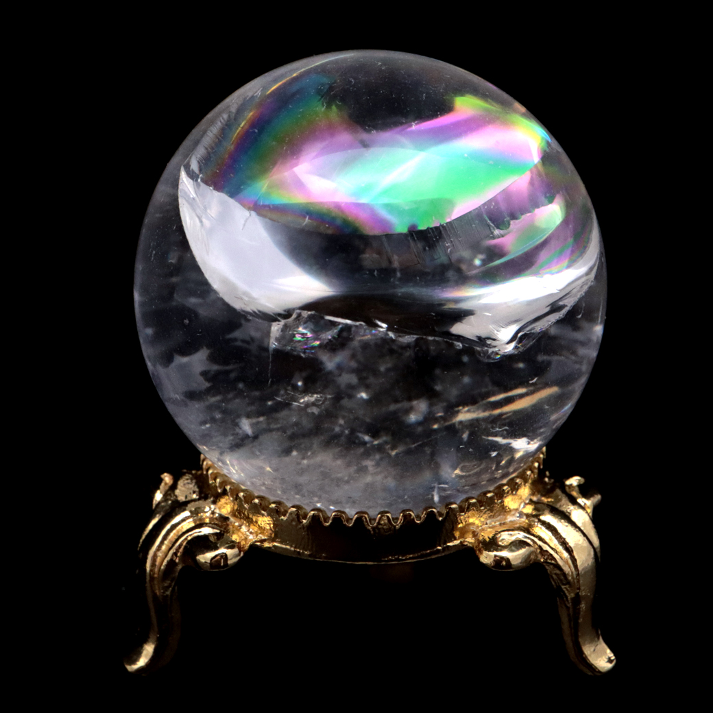 アイリスクォーツ 丸玉 水晶 虹入り 天然 台座付き レインボー パワーストーン 天然石 1点もの クリスタル 七色 置き物
