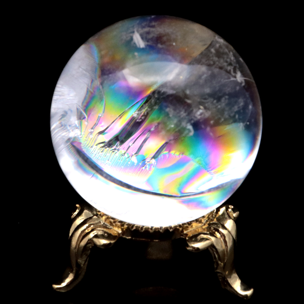 アイリスクォーツ 丸玉 水晶 虹入り 天然 台座付き レインボー パワーストーン 天然石 1点もの クリスタル 七色 置き物