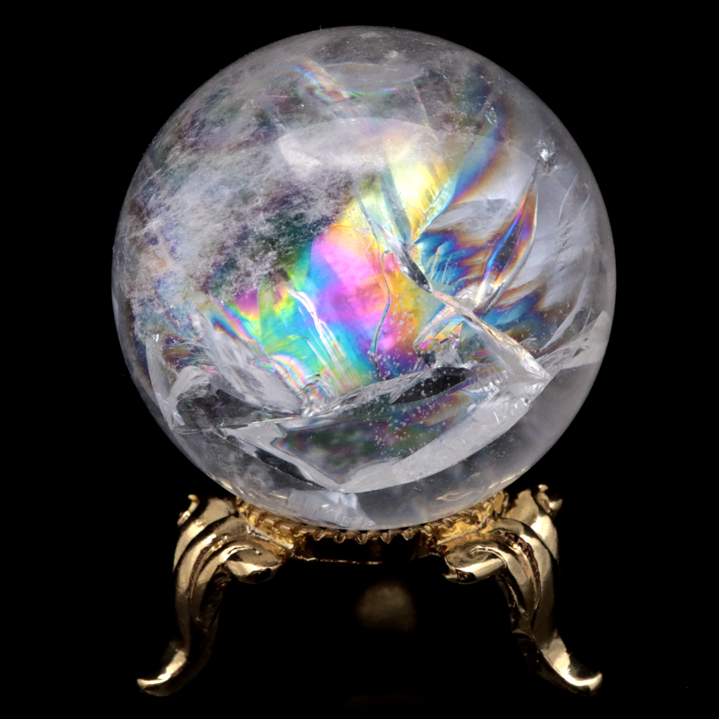 アイリスクォーツ 丸玉 水晶 虹入り 天然 台座付き レインボー パワーストーン 天然石 1点もの クリスタル 七色 置き物