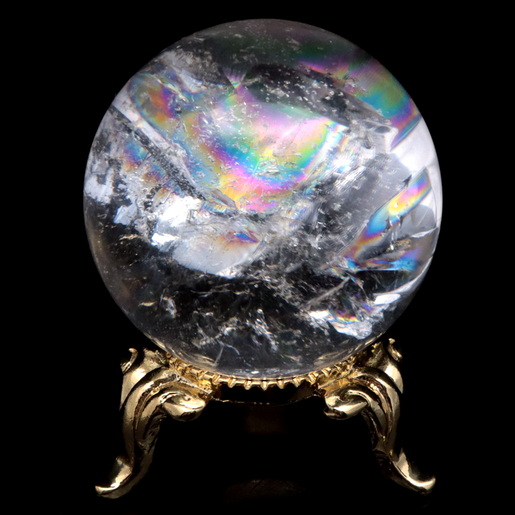 アイリスクォーツ 丸玉 水晶 虹入り 天然 台座付き レインボー パワーストーン 天然石 1点もの クリスタル 七色 置き物