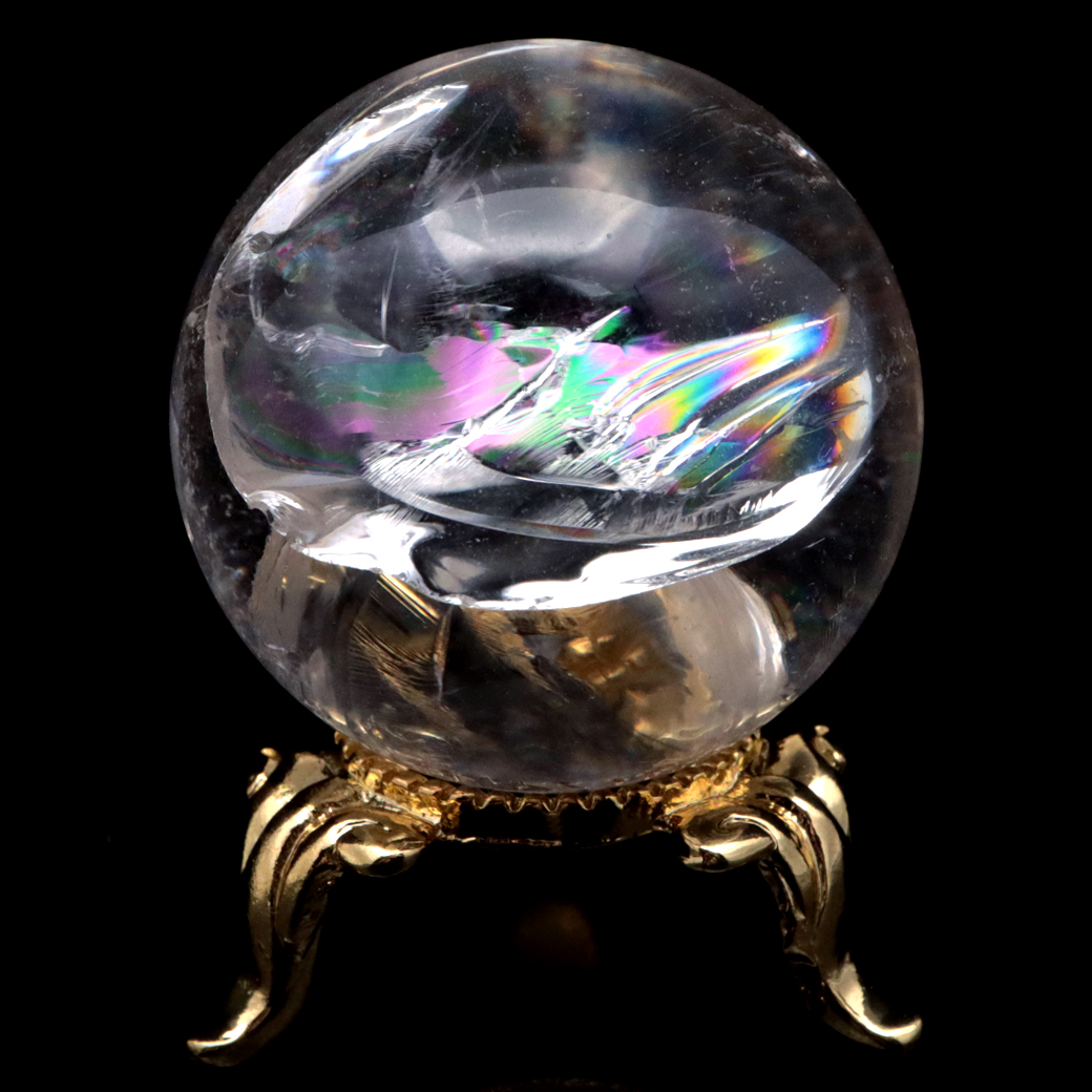 アイリスクォーツ 丸玉 水晶 虹入り 天然 台座付き レインボー パワーストーン 天然石 1点もの クリスタル 七色 置き物