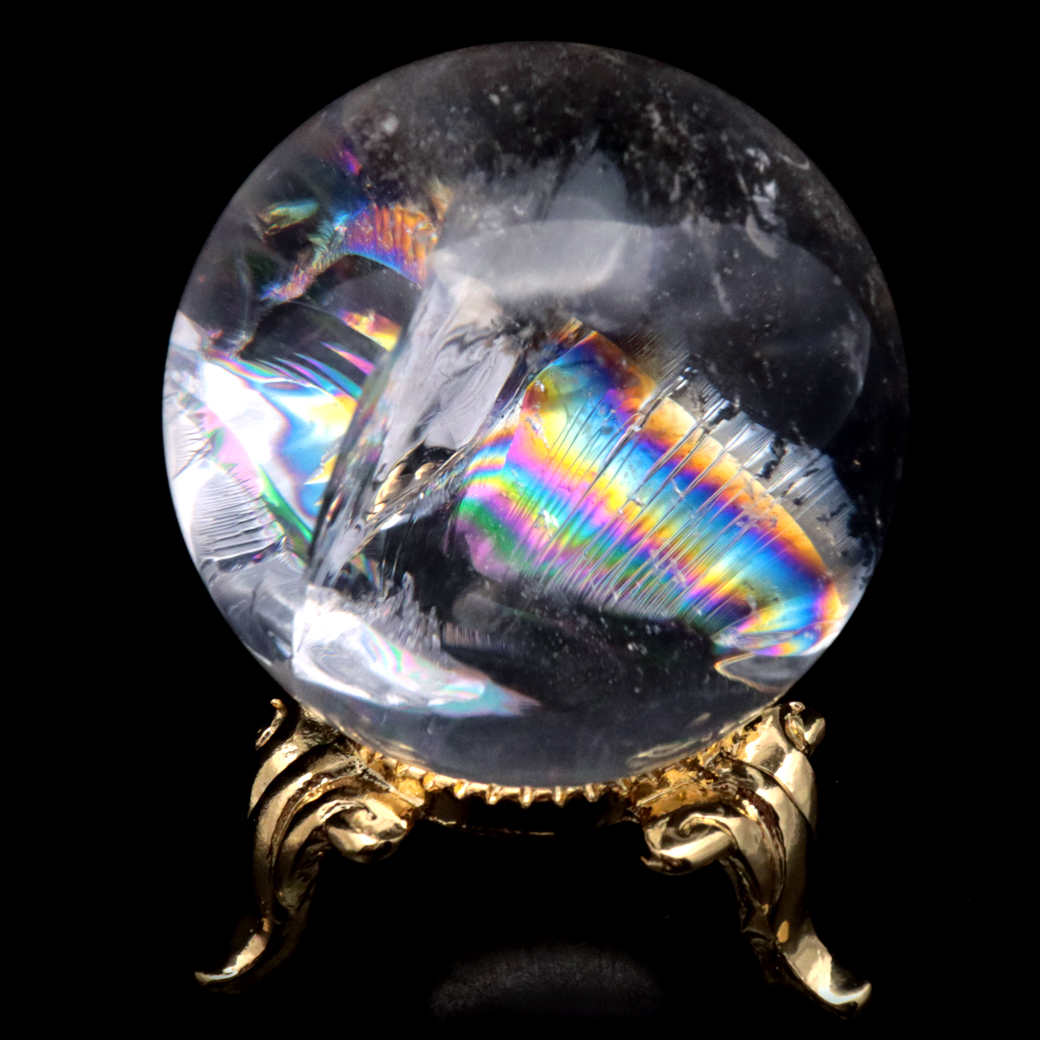 アイリスクォーツ 丸玉 水晶 虹入り 天然 台座付き レインボー パワーストーン 天然石 1点もの クリスタル 七色 置き物