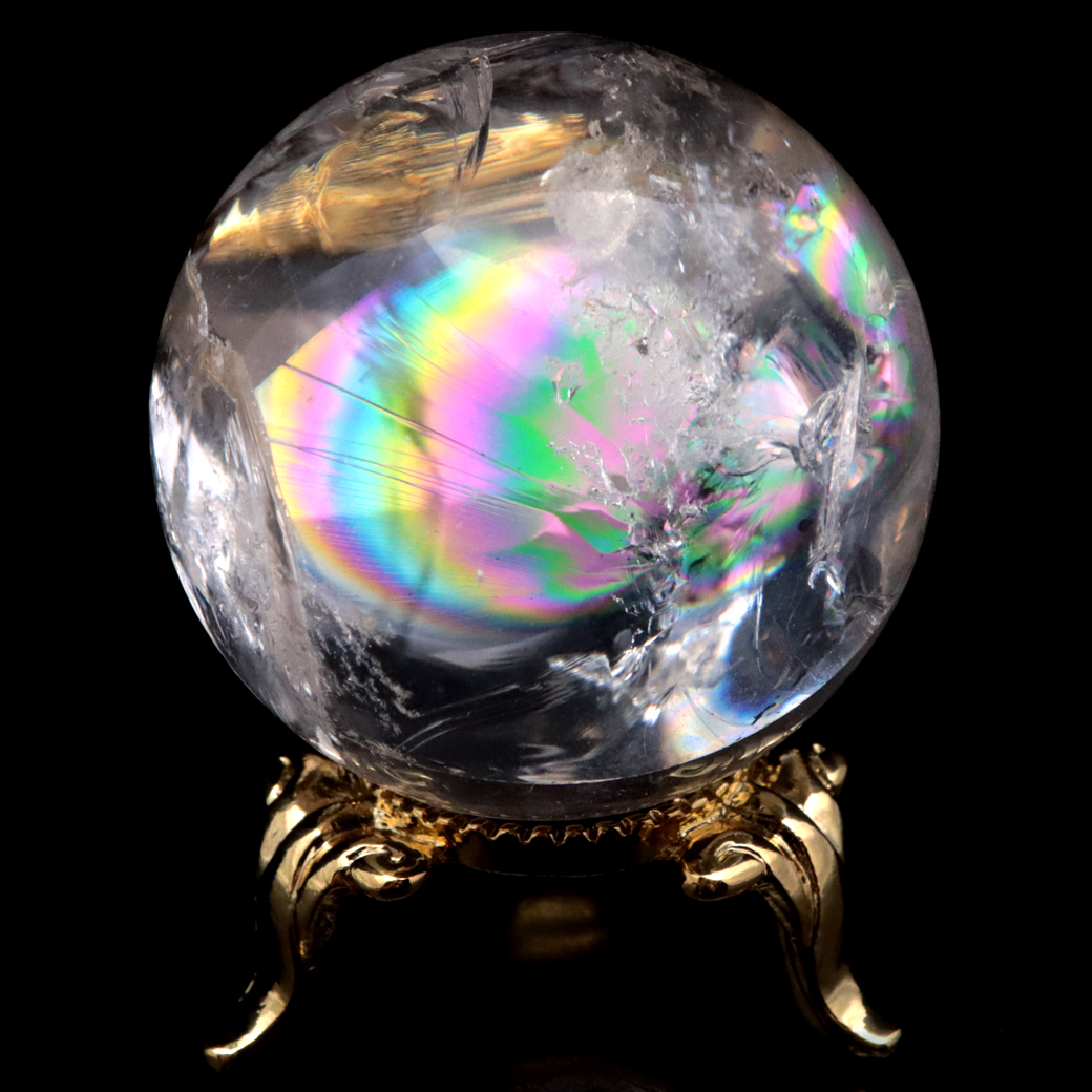 アイリスクォーツ 丸玉 水晶 虹入り 天然 台座付き レインボー パワーストーン 天然石 1点もの クリスタル 七色 置き物