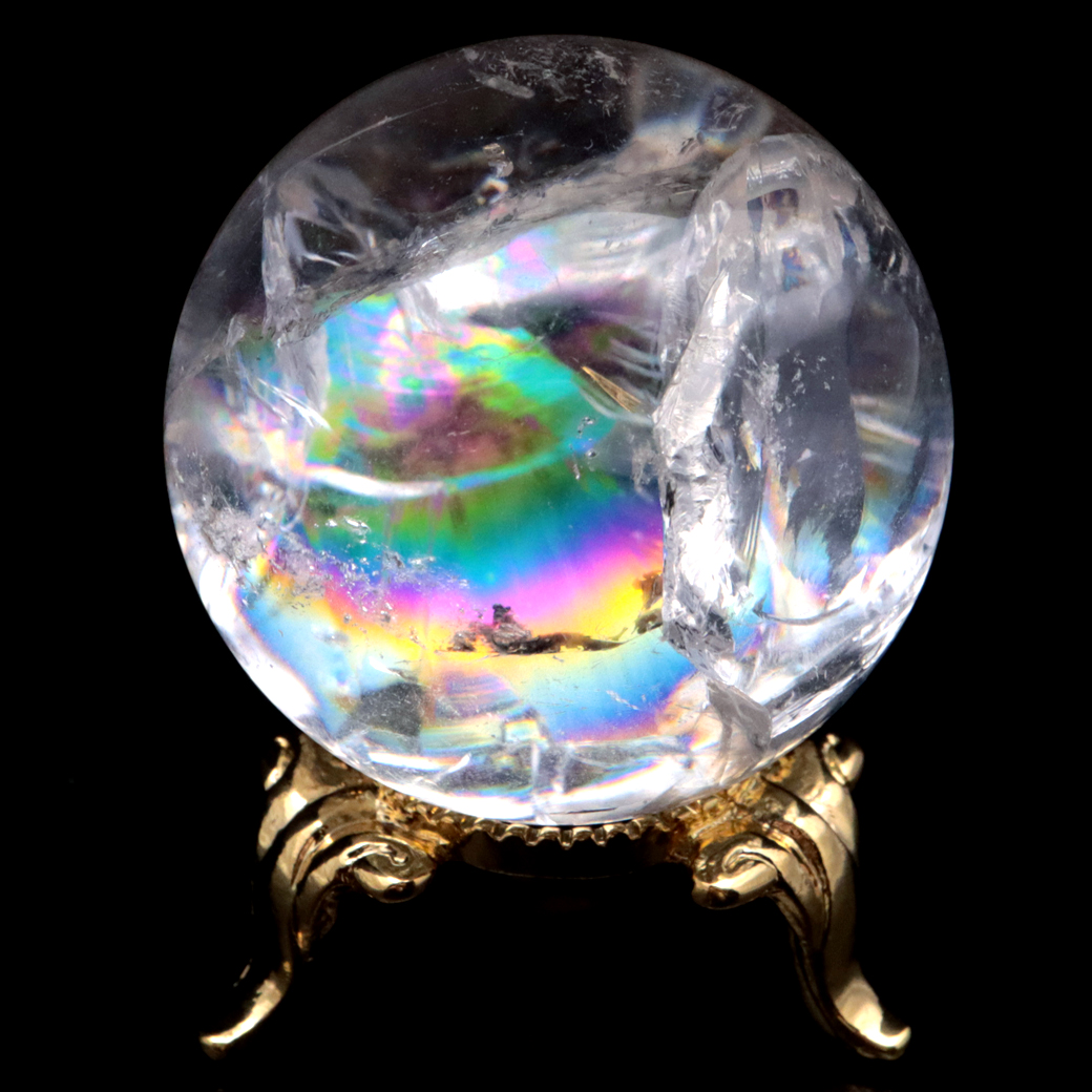 アイリスクォーツ 丸玉 水晶 虹入り 天然 台座付き レインボー パワーストーン 天然石 1点もの クリスタル 七色 置き物