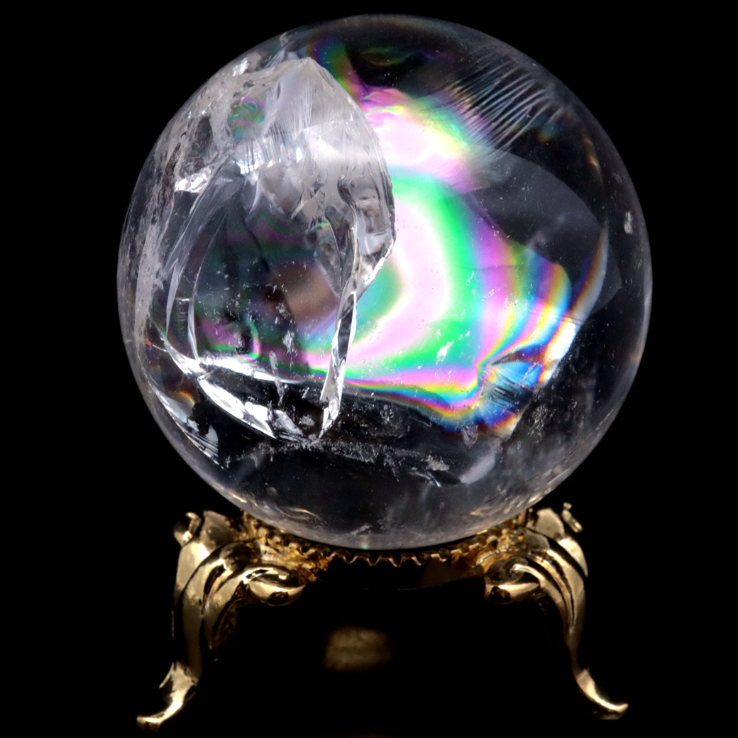 アイリスクォーツ 丸玉 水晶 虹入り 天然 台座付き レインボー パワーストーン 天然石 1点もの クリスタル 七色 置き物