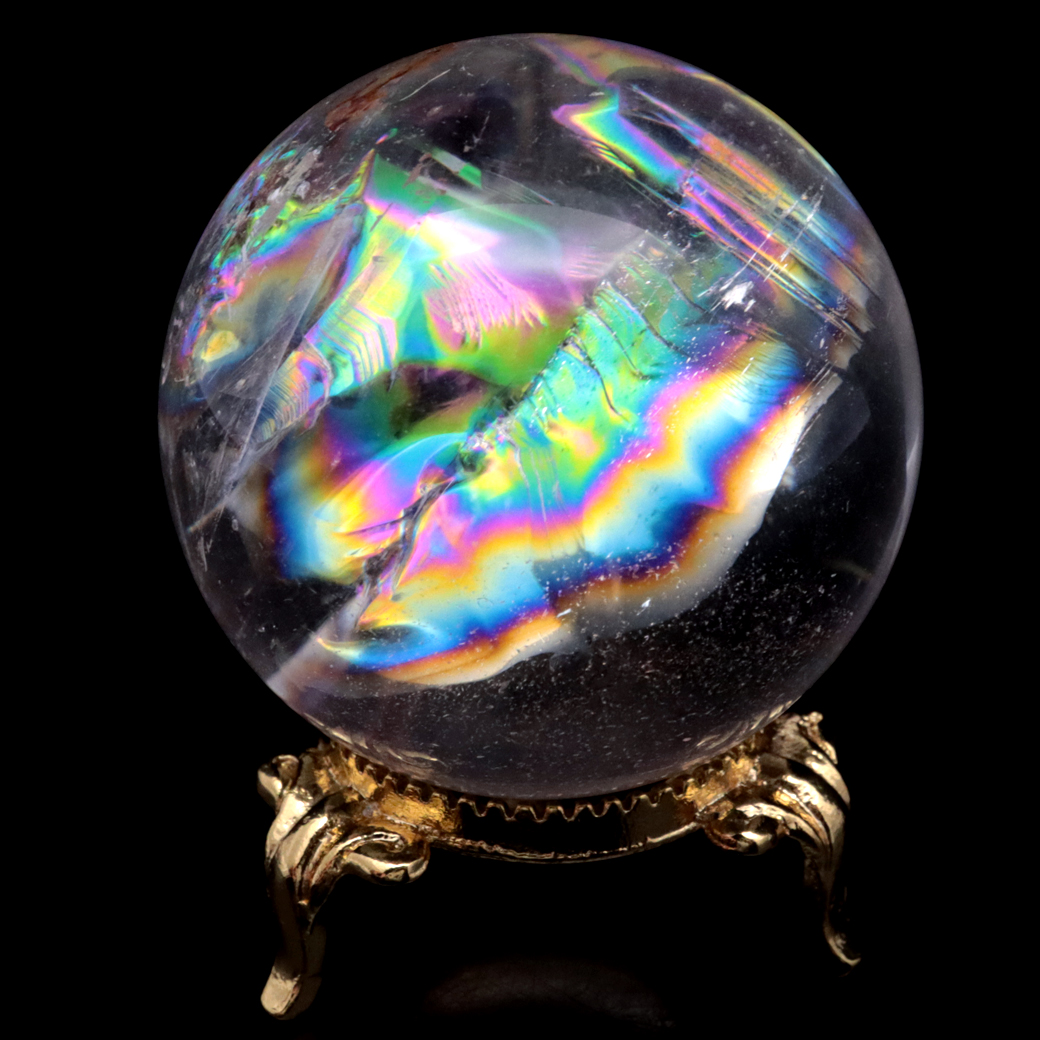 アイリスクォーツ 丸玉 水晶 虹入り 天然 台座付き レインボー パワーストーン 天然石 1点もの クリスタル 七色 置き物
