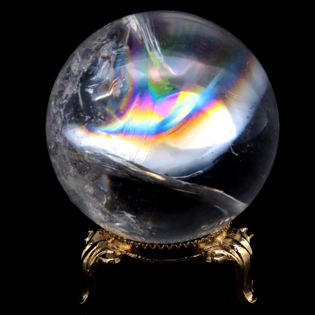 アイリスクォーツ 丸玉 水晶 虹入り 天然 台座付き レインボー パワーストーン 天然石 1点もの クリスタル 七色 置き物