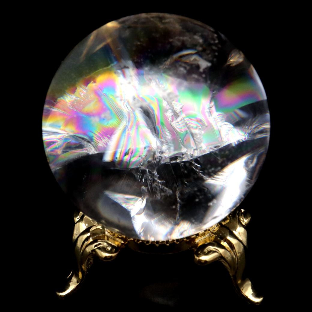 アイリスクォーツ 丸玉 水晶 虹入り 天然 台座付き レインボー パワーストーン 天然石 1点もの クリスタル 七色 置き物