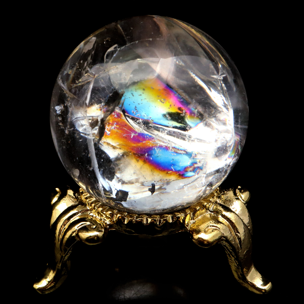 アイリスクォーツ 丸玉 水晶 虹入り AA 天然 台座付き レインボー パワーストーン 天然石 1点もの 置き物 玉 球 本物 風水 グッズ 占い