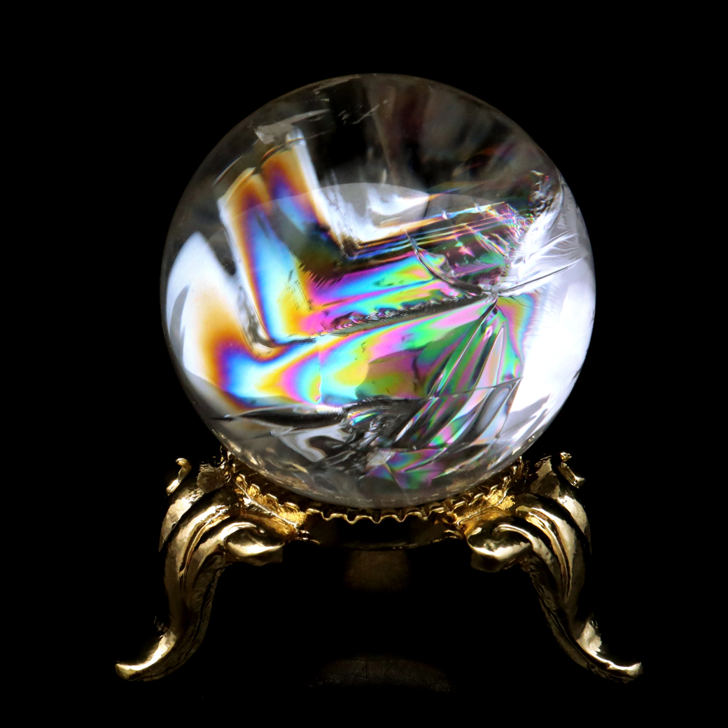 アイリスクォーツ 丸玉 水晶 虹入り AA 天然 台座付き レインボー パワーストーン 天然石 1点もの 置き物